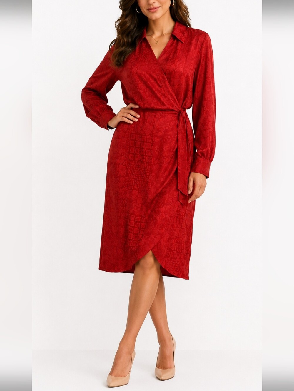 Diane Gilman ~Woman Size 12~ Red 100% Silk Wrap Dress Inlined, Long Sleeve.